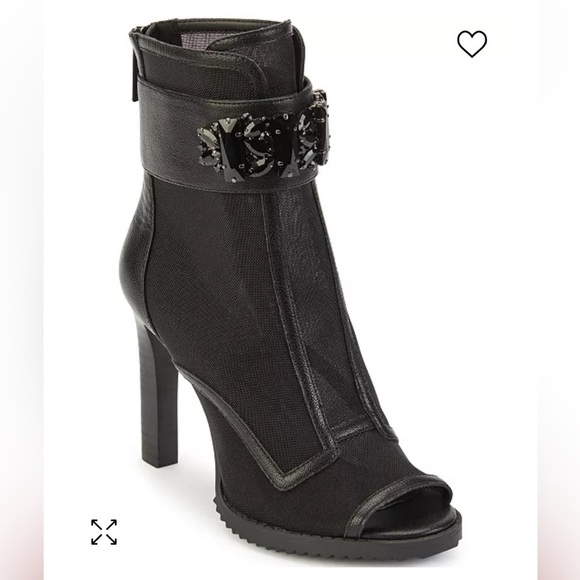 KARL LAGERFELD PARIS Blayze Black Mesh Beaded Heel Peep Toe Lug Sole Booties - Picture 2 of 10